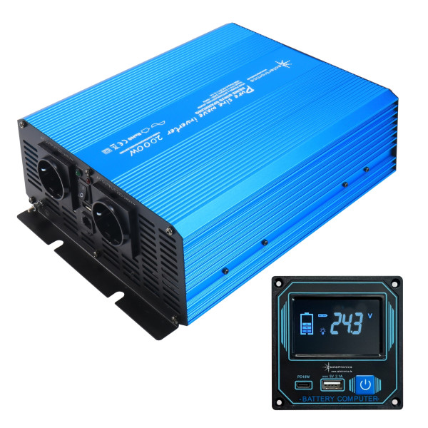 TS2000-24V-DE80D Reiner Sinus Spannungswandler 2000W mit Kabel-Display-Fernbedienung USB-A & USB-C