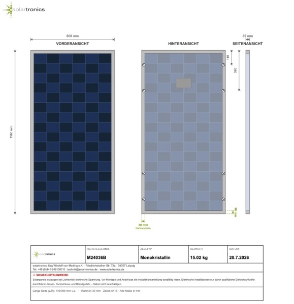 Solarmodul 240 Watt Mono 36V Bifazial Solarpanel Solarzelle 1580x808x35
