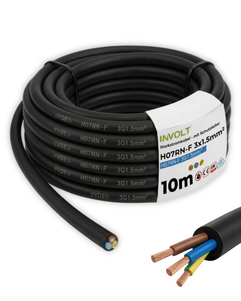 10 - 50 Meter INVOLT H07RN-F 3G1.5mm² VDE Gummileitung flexibel mit Schutzleiter Anschlussleitung