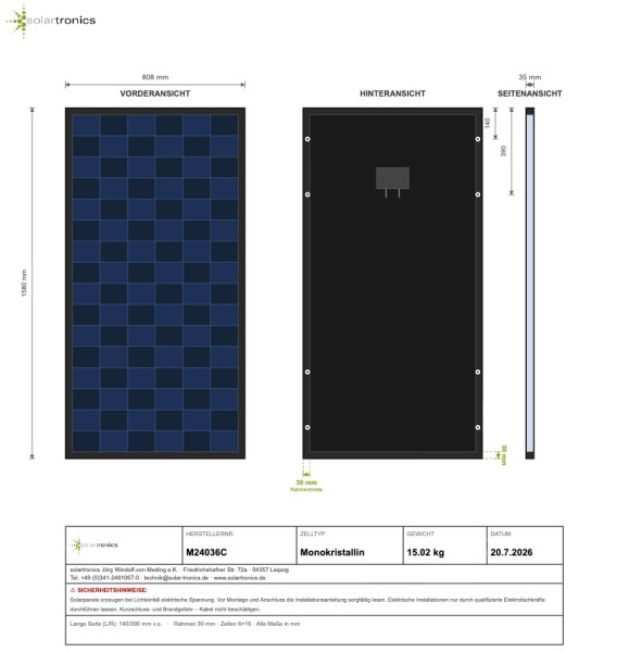 Solarmodul 240 Watt Mono 36V Full Black Solarpanel Solarzelle 1580x808x35