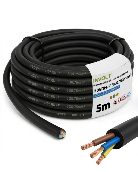 5 - 50 Meter INVOLT H05RN-F 3G0.75mm² VDE Gummileitung flexibel mit Schutzleiter Anschlussleitung